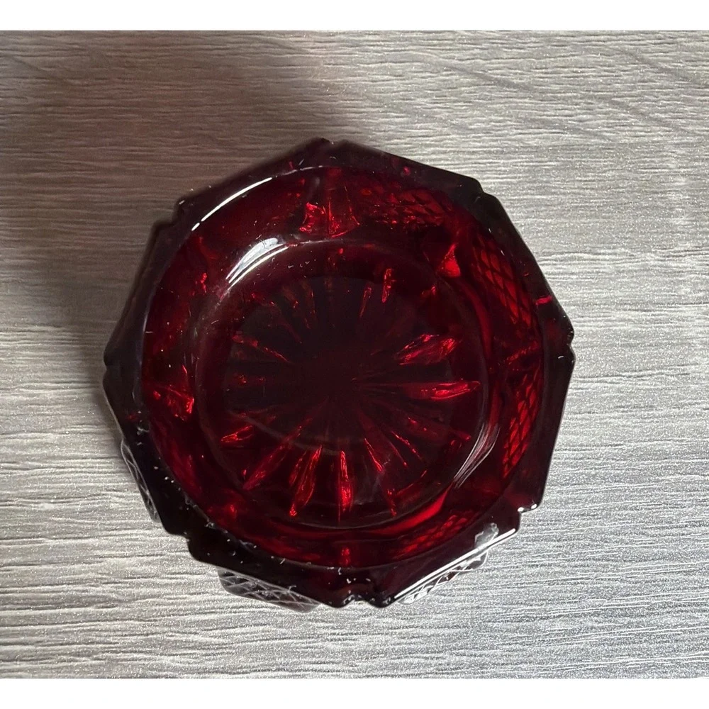 Vtg Avon Mosser Glass Ruby Red Open Salt Cellar Dip Hatched Panel/ Candle Holder